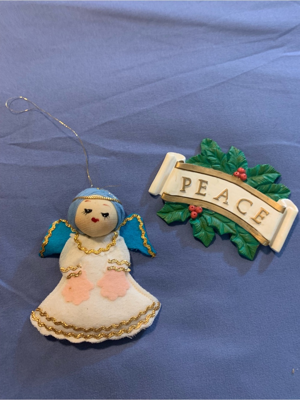 Blue and White Angel Felt Ornament with Peace Plaque - Holiday Ornament
